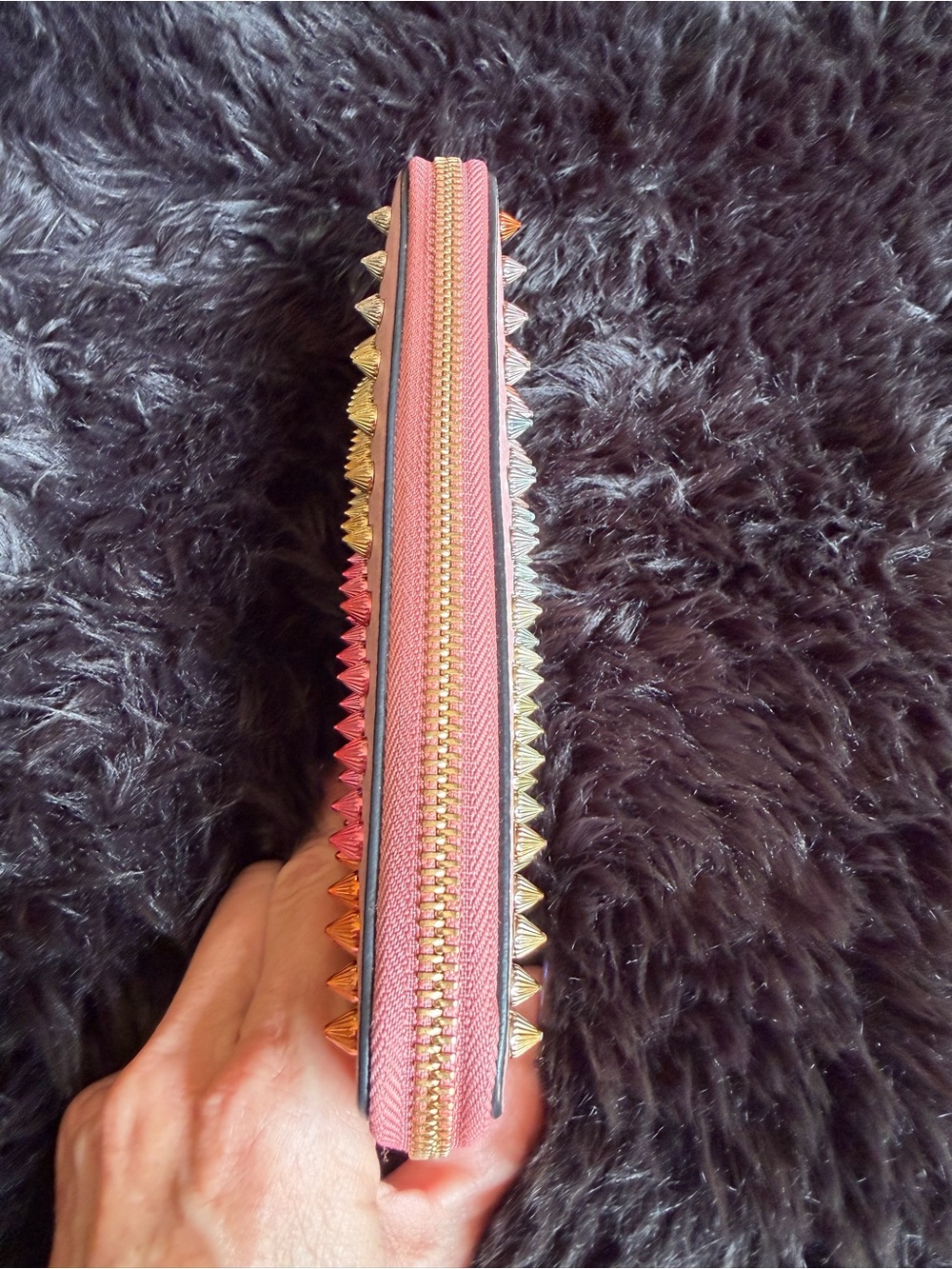 Christian Louboutin Pink Zip-Around Wallet with Multicolor Gradient Studs - Picture 7 of 17